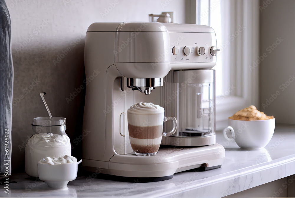 illustration of coffee machine and cups of coffee latte on counter in modern kitchen illustration of coffee machine and cups of coffee latte on counter in modern kitchen