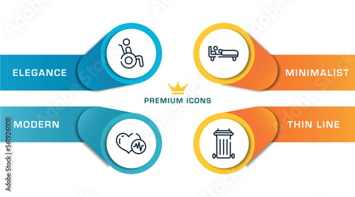 health outline icons with infographic template. thin line icons such as wheelchair accesibility, heart beats, man in bed, recycle bin container vector.