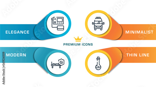 medicine outline icons with infographic template. thin line icons such as blood pressure gauge, hospitalization, frontal ambulance, medicine liquid in a test tube glass vector.