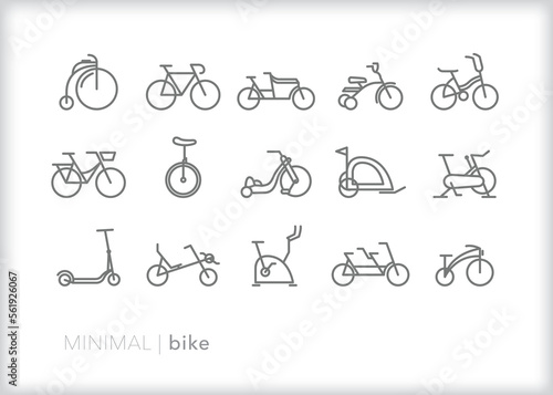 Set of bike line icons of sport and recreational bicycles for leisure and competition