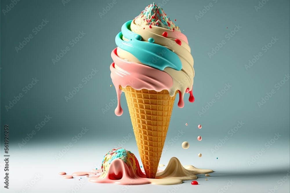 a scoop of ice cream with sprinkles and a blue background is shown with