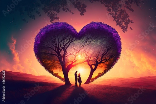 Happy couple romatically holding hands between two trees with heart shaped tree with a purple canopy, at dawn © Csaba