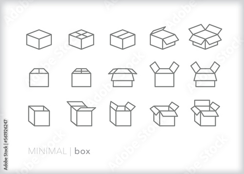 Set of box line icons showing a cardboard shipping or packing box closed and open