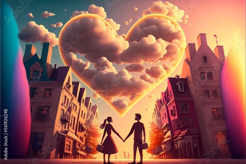 Happy couple romatically holding hands in the city at dawn, looking at a heart shaped cloud photo