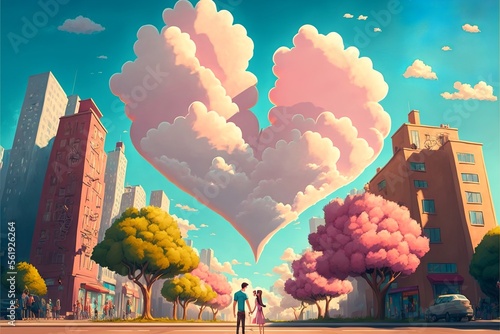 Happy couple romatically holding hands in the city with pink and green trees, in the morning, looking at a big heart shaped cloud photo