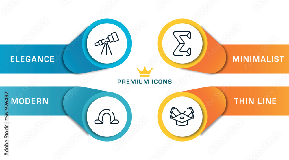 college outline icons with infographic template. thin line icons such as astronomy, omega, sigma, scholarship vector. college outline icons with infographic template. thin line icons such as astronomy, omega, sigma, scholarship vector.