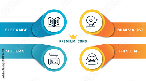 kindergarten outline icons with infographic template. thin line icons such as yearbook, supplement, school bell, beanbag vector.