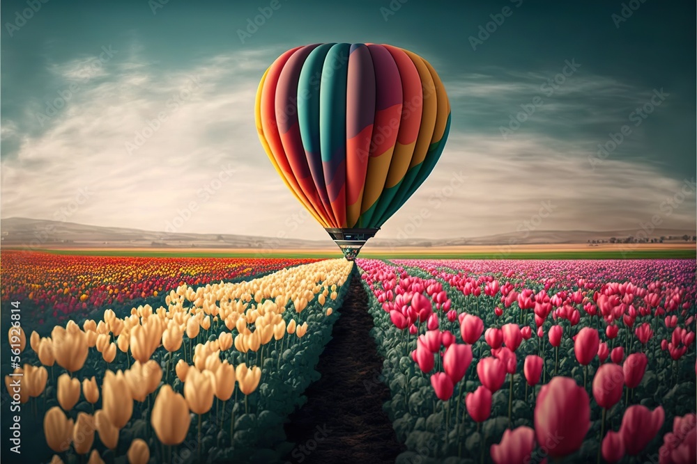 a hot air balloon flying over a field of flowers with a sky background ...