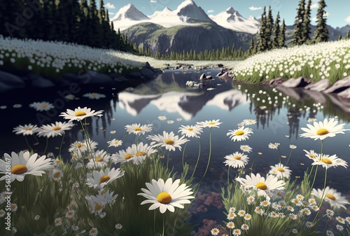 wild white daisy flower field on the lake shore with snow peak mountain as background, energetic spring season , generative ai
