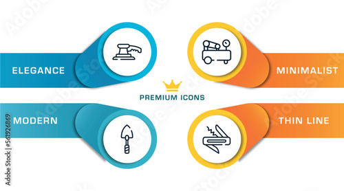 construction elements outline icons with infographic template. thin line icons such as sanding hine, garden trowel, air compressor, jackknife vector.