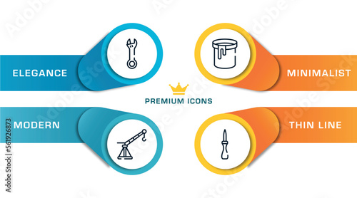 tools and hinery outline icons with infographic template. thin line icons such as adjustable wrench, davit, paint can open, null vector.