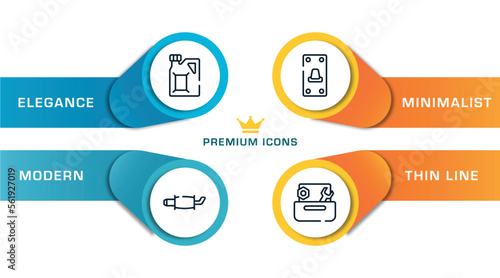 toolbox outline icons with infographic template. thin line icons such as gasoline, exhaust pipe, switch on, wrench and nut vector.