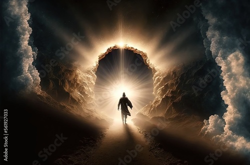 Jesus Christ is walking on the way back from heaven with light glow from behind Generative Ai