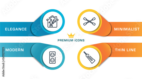 plumber outline icons with infographic template. thin line icons such as repairman inside a home, electric socket, lug wrench, caulk vector.