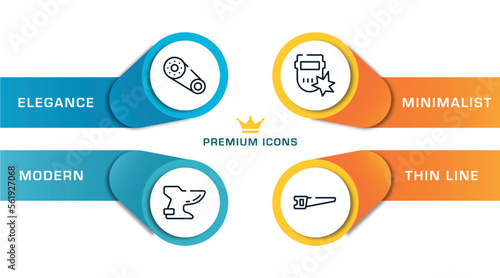 tools outline icons with infographic template. thin line icons such as timing belt, bidet, weld, hacksaw vector.