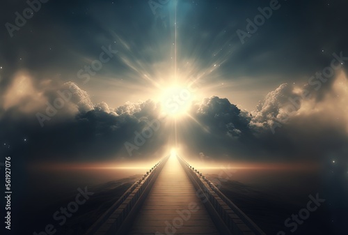 way path to heaven with light glow from the eternal horizon, concept of adventure to unknown place Generative Ai