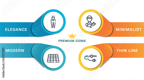 electrician tools outline icons with infographic template. thin line icons such as overalls, tiles, plumber, soldering iron vector.