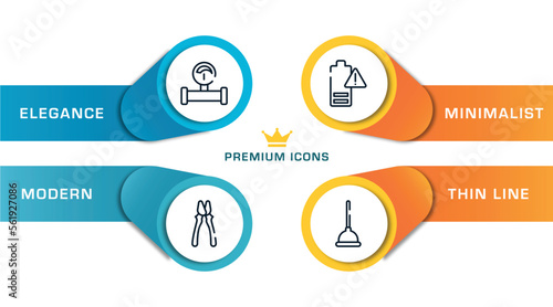 tools outline icons with infographic template. thin line icons such as gas pipe, clamps, empty battery, plunger vector.