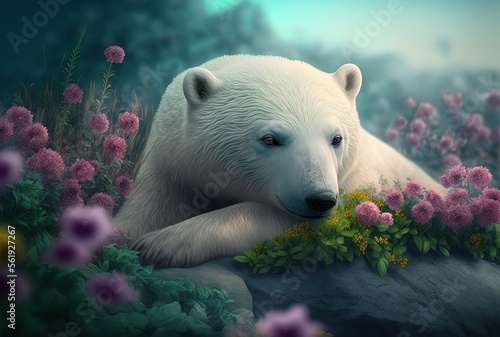 Fototapeta Naklejka Na Ścianę i Meble -  close up polar bear lay down on pink flowers garden  Generative Ai
