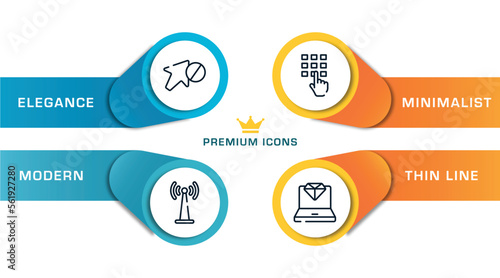 computer and media outline icons with infographic template. thin line icons such as forbidden, wireless band, entering password, laptop with diamond vector.