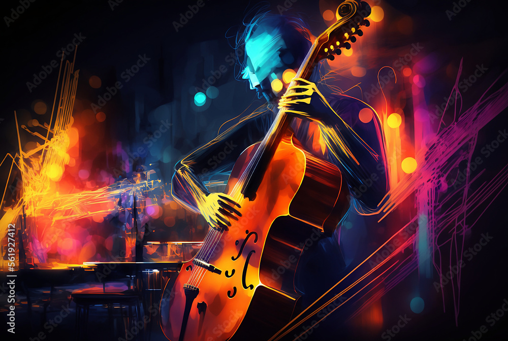 abstract paintinting in super saturated brilliant colors of musician playing bass on stage in Jazz combo 