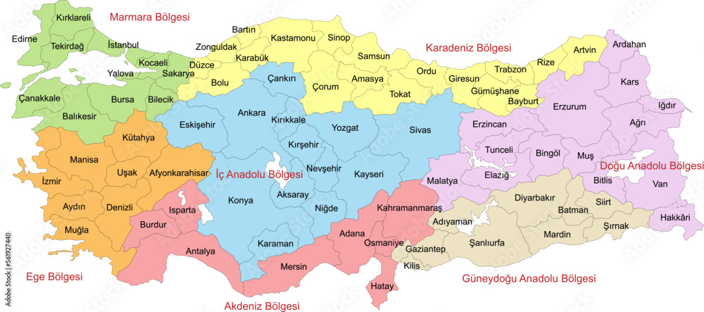 Carte de Turquie avec représentation des divisions territoriales administratives par régions et provinces - Libellés en turc - Textes vectorisés et non vectorisés sur calques séparés