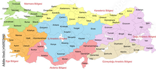 Carte de Turquie avec repr  sentation des divisions territoriales administratives par r  gions et provinces - Libell  s en turc - Textes vectoris  s et non vectoris  s sur calques s  par  s