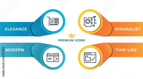 web design and programming outline icons with infographic template. thin line icons such as network interface card, keycard, vga card, web security vector.