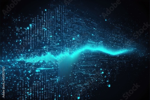 Technology background with abstract digital code motion cyberspace. Abstract high-tech blue neon background for communication concept with digital flow in a cyber space matrix. AI © MiaStendal