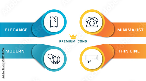 bubble icons outline icons with infographic template. thin line icons such as round smartphone, female user talking, dial phone, rectangular speech bubble vector.