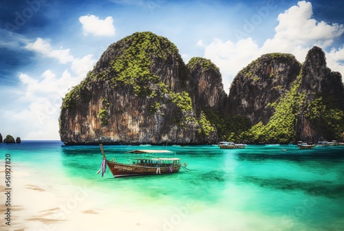 beautiful tropical island seascape illustration, sea sand beach with green natural tree, inspired from Ko Phi Phi , Thailand, idea for travel and tourism concept background wallpaper Generative Ai © QuietWord