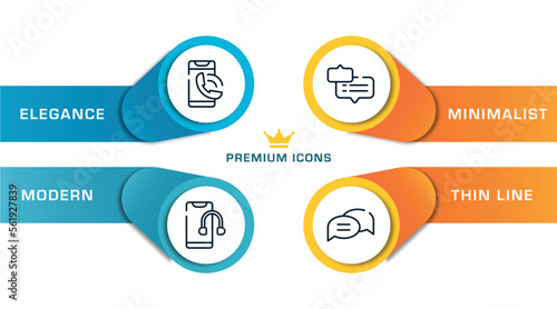 chatting outline icons with infographic template. thin line icons such as phone calling, smartphone headphones, chat bubble with ellipsis, chat bubble with lines vector.