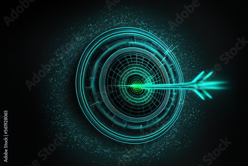 The concept of a target with a glowing hologram of the target and an arrow hitting the center, neon. AI