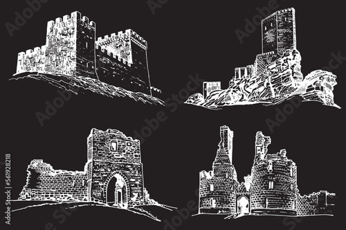 Graphical set of medieval catles isolated on black, vector engraved illustration.Architecture photo