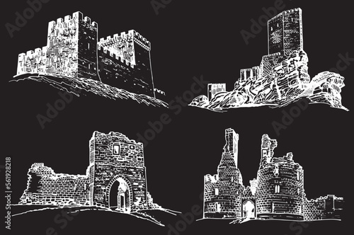 Graphical set of medieval catles isolated on black, vector engraved illustration.Architecture