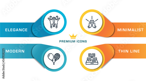 charity outline icons with infographic template. thin line icons such as happy kids, ballons, praying, cash box vector.