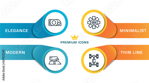 car parts outline icons with infographic template. thin line icons such as car headlight, car roof, sprocket, axle vector.