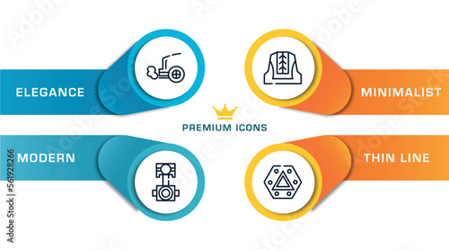 car parts outline icons with infographic template. thin line icons such as car exhaust, car connecting rod, cowl, hazard lights vector.