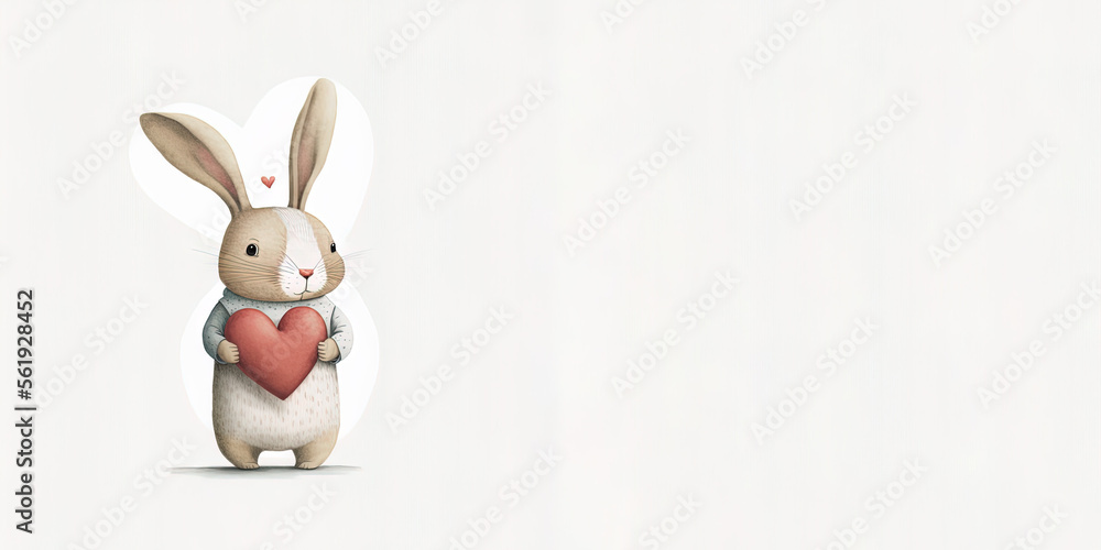 Fototapeta premium Adorable bunny holding a heart. Copy space, text space. Valentine´s card for children. Parental love, love. Cute illustration. Generative art, AI
