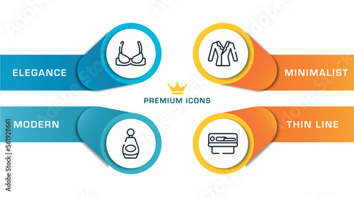 beautiful outline icons with infographic template. thin line icons such as brassiere, beauty perfume, suit on hanger, solarium vector.