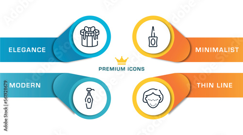 beautiful outline icons with infographic template. thin line icons such as gift box with lace, lotion bottle, parfum bottle, botox vector.