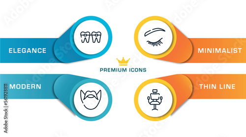 hairdressing and esthetics outline icons with infographic template. thin line icons such as braces, hipster, eyelash, hairdresser chair vector.