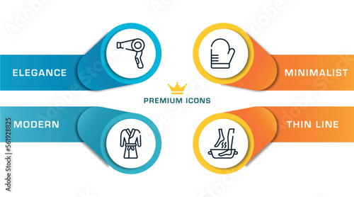 spa outline icons with infographic template. thin line icons such as hairdryer, robe, oven mitt, soak vector.