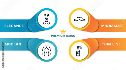 hairdressing and barber outline icons with infographic template. thin line icons such as scissors opened tool, woman hair cut, mustache, hairspray vector.
