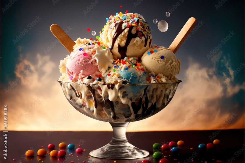 Φωτογραφία a bowl of ice cream with sprinkles and ice cream scoops in it with a spoon in it and a few balls of candy on the table next to it with a sky