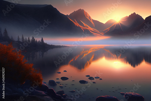 Sunset in mountines at spring, illustration of wild nature