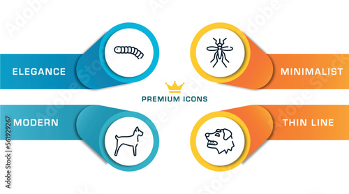 woof woof outline icons with infographic template. thin line icons such as silkworm, big dog, big mosquito, border collie dog head vector.