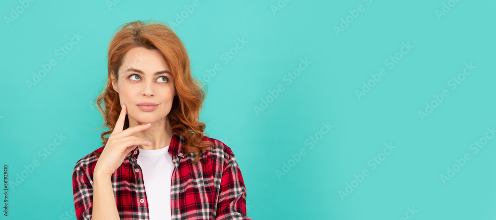 thinking redhead woman with curly hair in checkered casual shirt, fashion. Woman isolated face portrait, banner with mock up copyspace. thinking redhead woman with curly hair in checkered casual shirt, fashion. Woman isolated face portrait, banner with mock up copyspace.