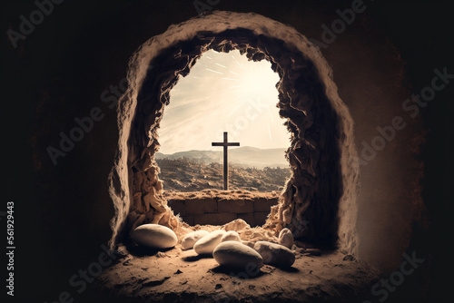 Empty tomb, resurrections of Jesus Christ. Easter themed image. 