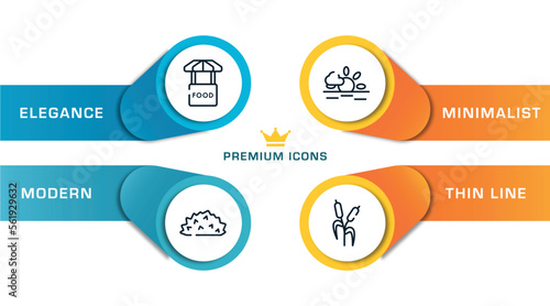 nature outline icons with infographic template. thin line icons such as food stand, hive, sun, bulrush vector.